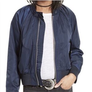 Free People Midnight Bomber Jacket Full Zip Sateen Navy Blue size Small